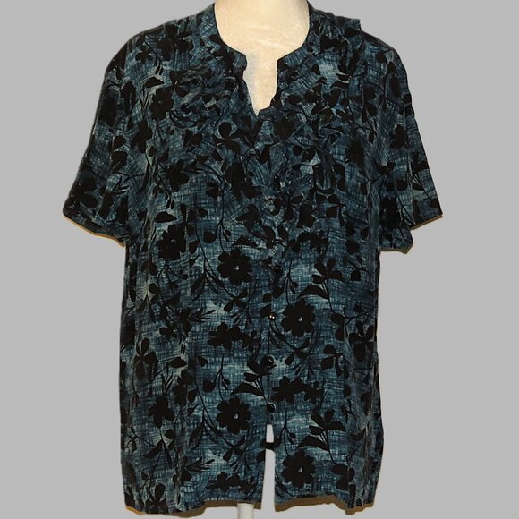 Pendleton Women's Short Sleeve Button Down Blouse Front Ruffles Size 14W (C347) - Picture 2 of 6